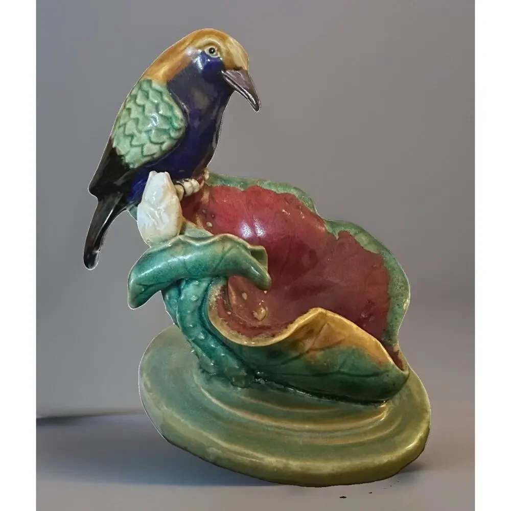 Antique Majolica Bird Perched On Water Lily By Or In Style Of Joseph Holdcroft